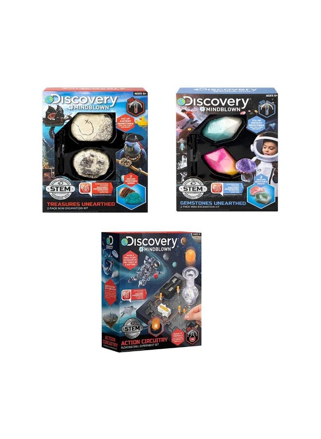 Discovery Mindblown Action Circuitry Floating Ball Experiment Kit + Mini Treasure Excavation Kit + Mini Gemstone Excavation Kit Bundle