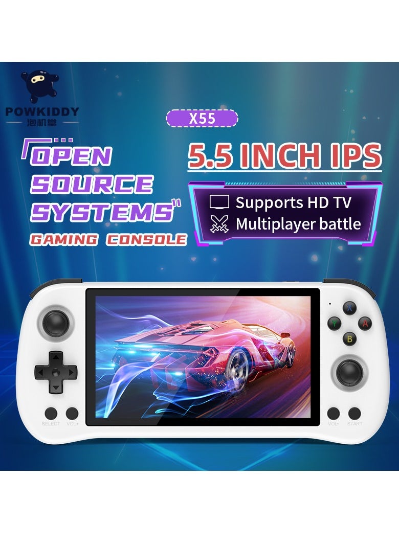 X55 Handheld Game Console 5.5 inch Portable Retro Video Hand-Held Games Consoles Rechargeable RK3566 Hand Held Classic Play System 16GB+128GB (White)