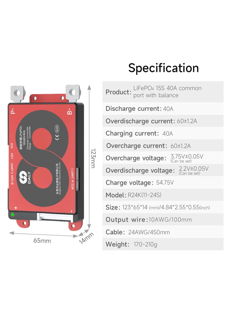 DALY Smart BMS 15S 48V 40A | Advanced Battery Management System for LiFePO4 Batteries | Bluetooth Enabled | Ideal for Electric Vehicles, Solar Inverters, and Energy Storage Systems - Lifepo4_15S_48V_40A_BLUETOOTH