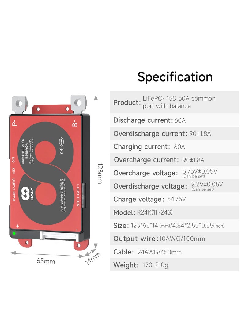 DALY Smart BMS 15S 48V 60A | Advanced Battery Management System for LiFePO4 Batteries | Bluetooth Enabled | Ideal for Electric Vehicles, Solar Inverters, and Energy Storage Systems - Lifepo4_15S_48V_60A_BLUETOOTH