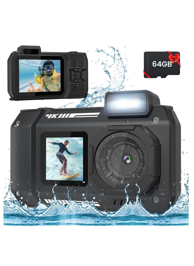 32FT Underwater Camera 4K 48MP Waterproof Camera Rugged Dustproof Shockproof, Autofocus Selfie Dual-Screen Underwater Camera for Snorkeling Diving Sport Floatable Digital Camera with 64GB Card(Black)