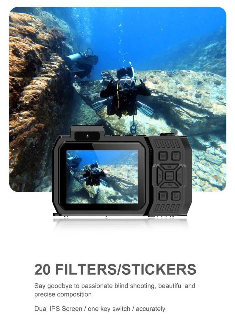 32FT Underwater Camera 4K 48MP Waterproof Camera Rugged Dustproof Shockproof, Autofocus Selfie Dual-Screen Underwater Camera for Snorkeling Diving Sport Floatable Digital Camera with 64GB Card(Black)