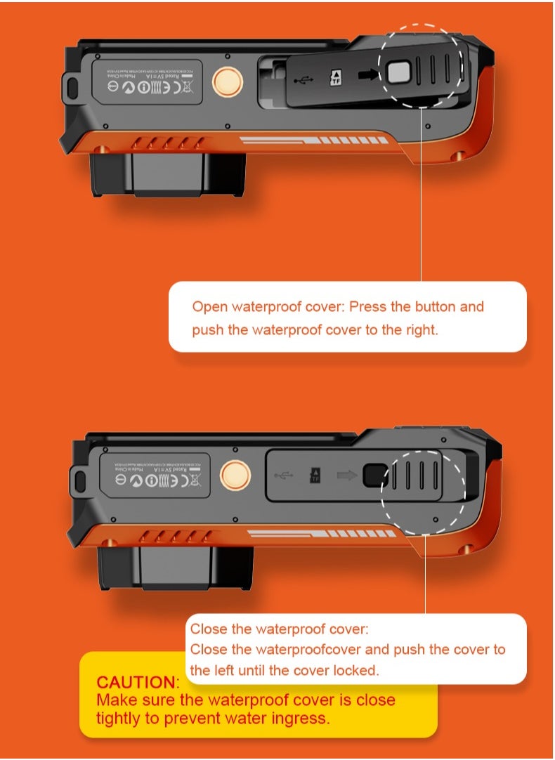 32FT Underwater Camera 4K 48MP Waterproof Camera Rugged Dustproof Shockproof, Autofocus Selfie Dual-Screen Underwater Camera for Snorkeling Diving Sport Floatable Digital Camera with 64GB Card(Orange)