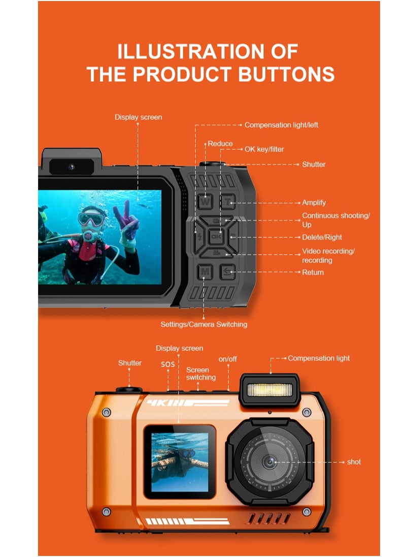 32FT Underwater Camera 4K 48MP Waterproof Camera Rugged Dustproof Shockproof, Autofocus Selfie Dual-Screen Underwater Camera for Snorkeling Diving Sport Floatable Digital Camera with 64GB Card(Orange)