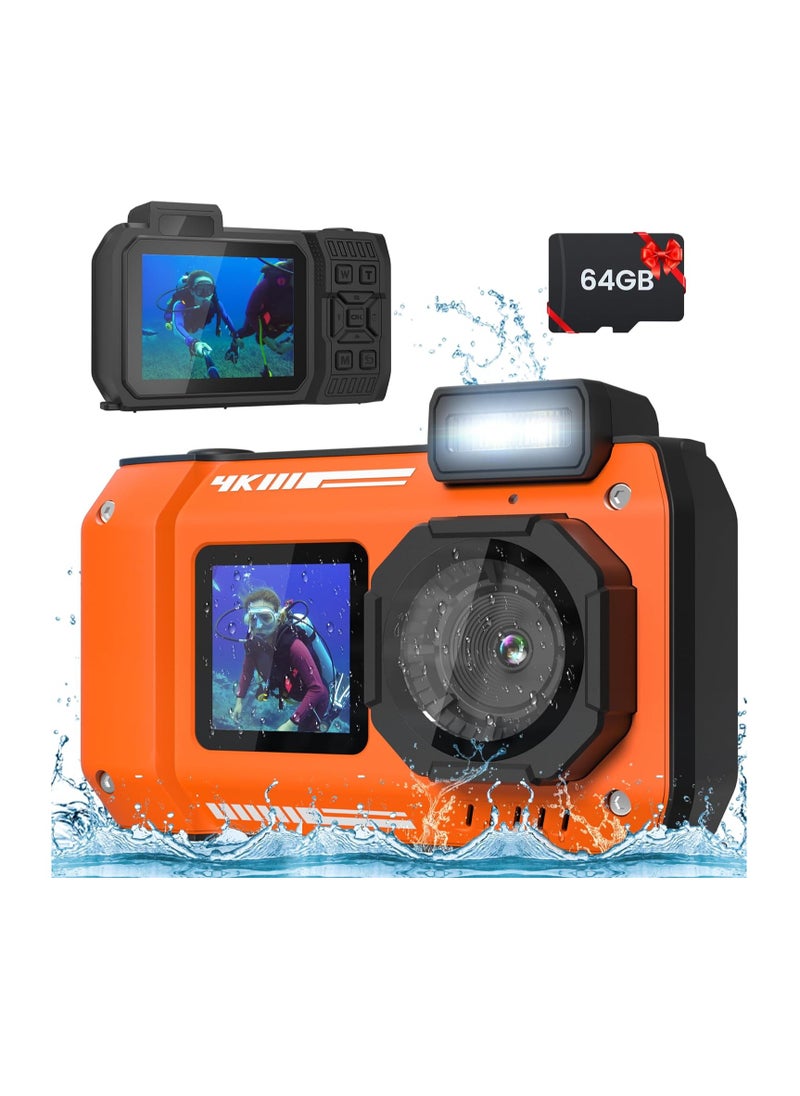 32FT Underwater Camera 4K 48MP Waterproof Camera Rugged Dustproof Shockproof, Autofocus Selfie Dual-Screen Underwater Camera for Snorkeling Diving Sport Floatable Digital Camera with 64GB Card(Orange)