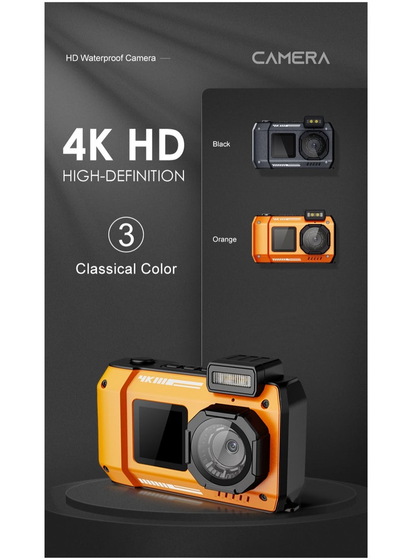 32FT Underwater Camera 4K 48MP Waterproof Camera Rugged Dustproof Shockproof, Autofocus Selfie Dual-Screen Underwater Camera for Snorkeling Diving Sport Floatable Digital Camera with 64GB Card(Orange)