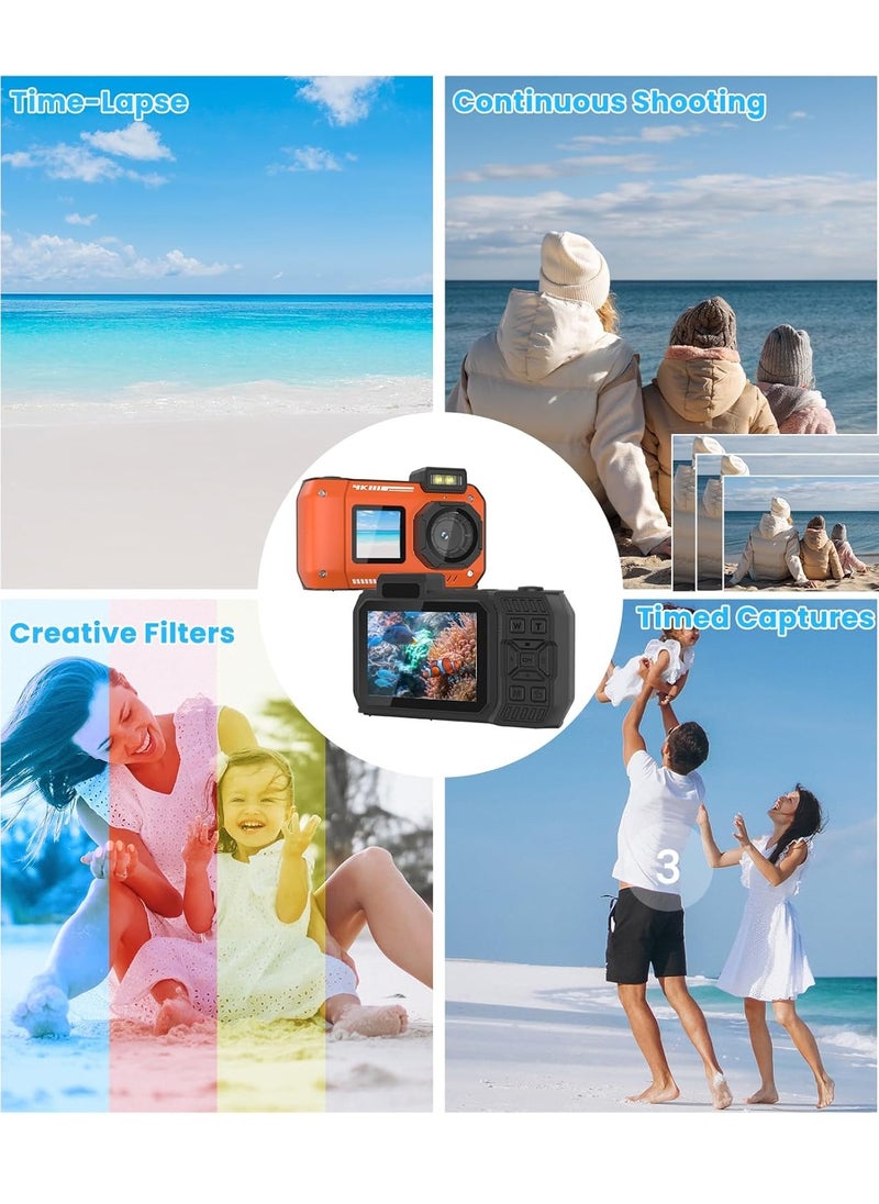 32FT Underwater Camera 4K 48MP Waterproof Camera Rugged Dustproof Shockproof, Autofocus Selfie Dual-Screen Underwater Camera for Snorkeling Diving Sport Floatable Digital Camera with 64GB Card(Orange)