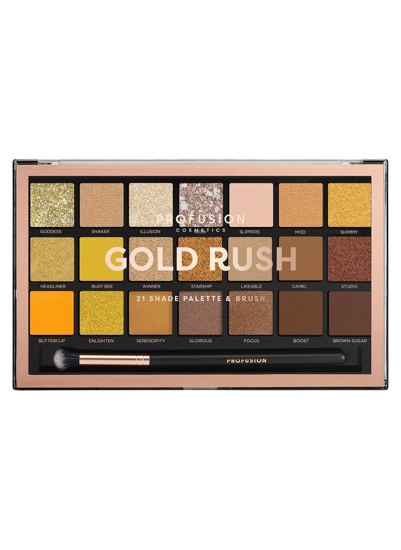 Gold Rush 21 Shade Eyeshadow Palette Free Pro Series Brush decadent golds and bronzes to cool and deep brown hues