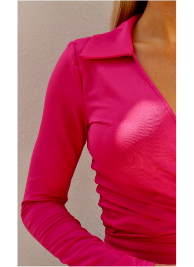 Penelope Wrap Over Collar Top - Hot Pink