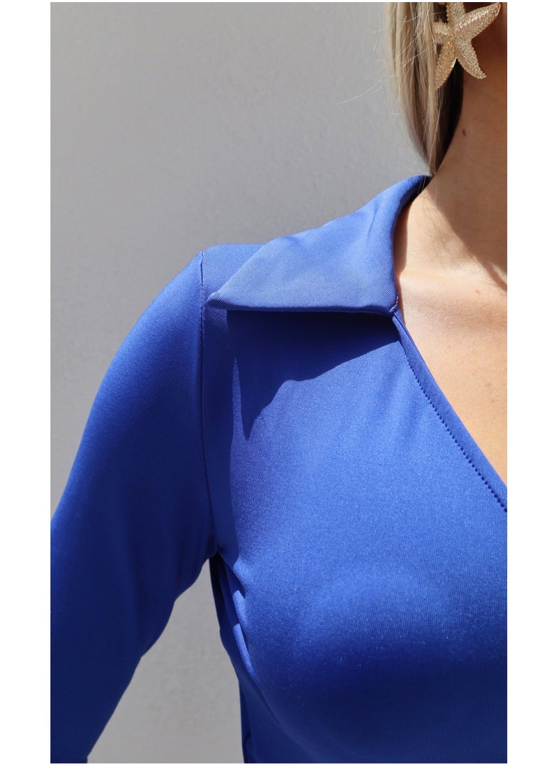 Penelope Wrap Over Collar Top - Royal Blue