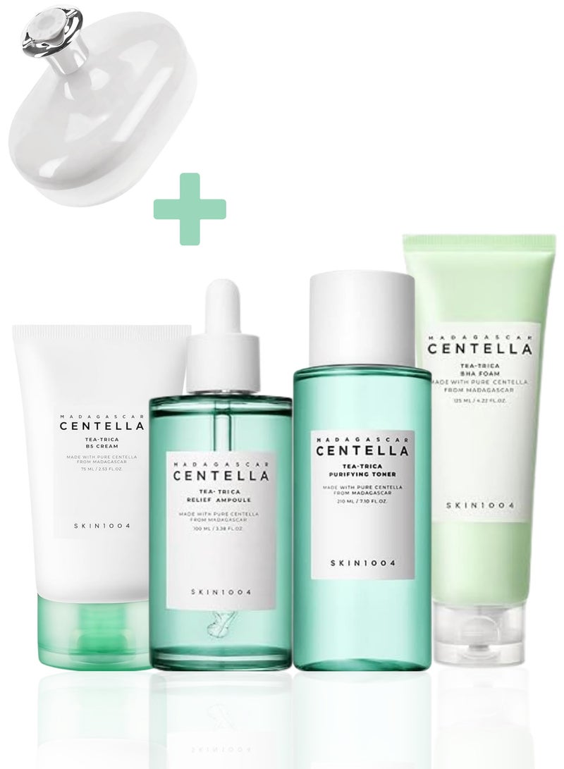 Madagascar Centella Tea-Trica Skincare Set - Includes BHA Foam Cleanser, Purifying Toner, Relief Ampoule, and B5 Cream - Complete Routine for Clear, Hydrated, and Balanced Skin 510ml