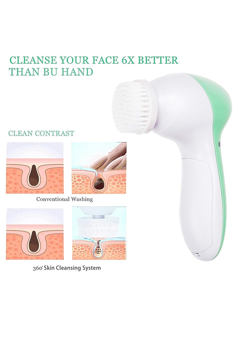 Painless Facial Brush Set with 4 Interchangeable Face Scrubber for Deep Cleansing, Gentle Exfoliation, Blackhead Removal, Massage, Skin Care, Green, 250 g