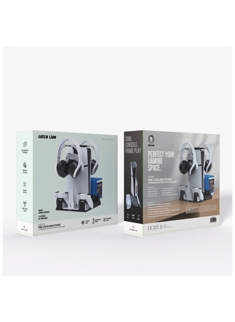 PS5 Cooling Stand Charging Station / Simultaneous Charging / Efficient Cooling / USB-A Outputs / Disc Storage / Charging Dock / Low Noise / Charges 2 PS5 controllers in 2.5 hours - White