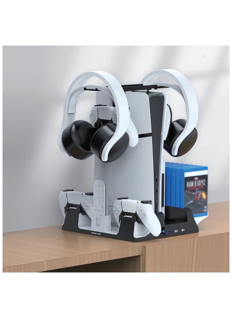 PS5 Cooling Stand Charging Station / Simultaneous Charging / Efficient Cooling / USB-A Outputs / Disc Storage / Charging Dock / Low Noise / Charges 2 PS5 controllers in 2.5 hours - White