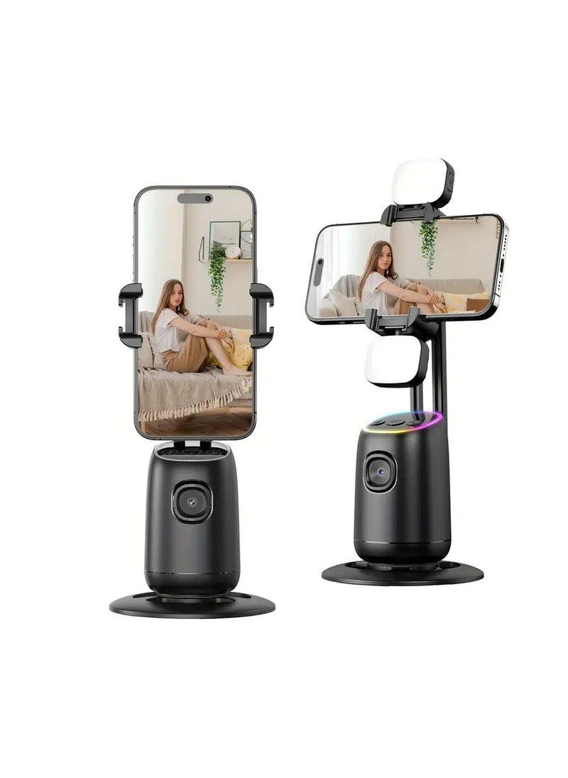 Auto Face Tracking Phone Holder, 360° Smart Gimbal Stabilizer with Adjustable Lens & Colorful Lights, Dual Fill Light for Smartphone Vlog, Live Chat, and Selfies