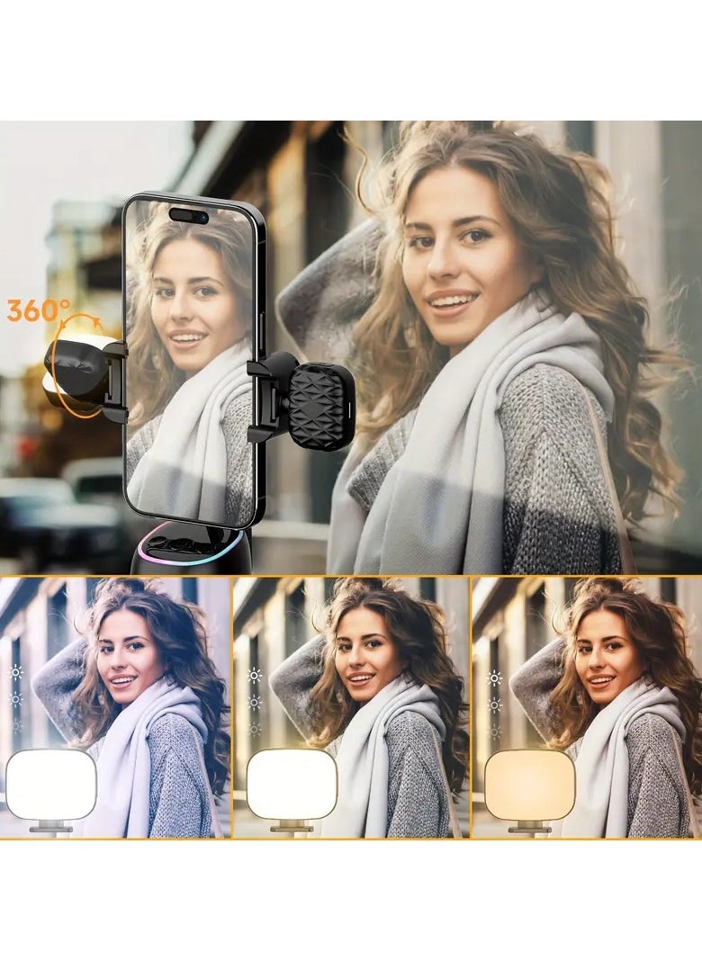 Auto Face Tracking Phone Holder, 360° Smart Gimbal Stabilizer with Adjustable Lens & Colorful Lights, Dual Fill Light for Smartphone Vlog, Live Chat, and Selfies