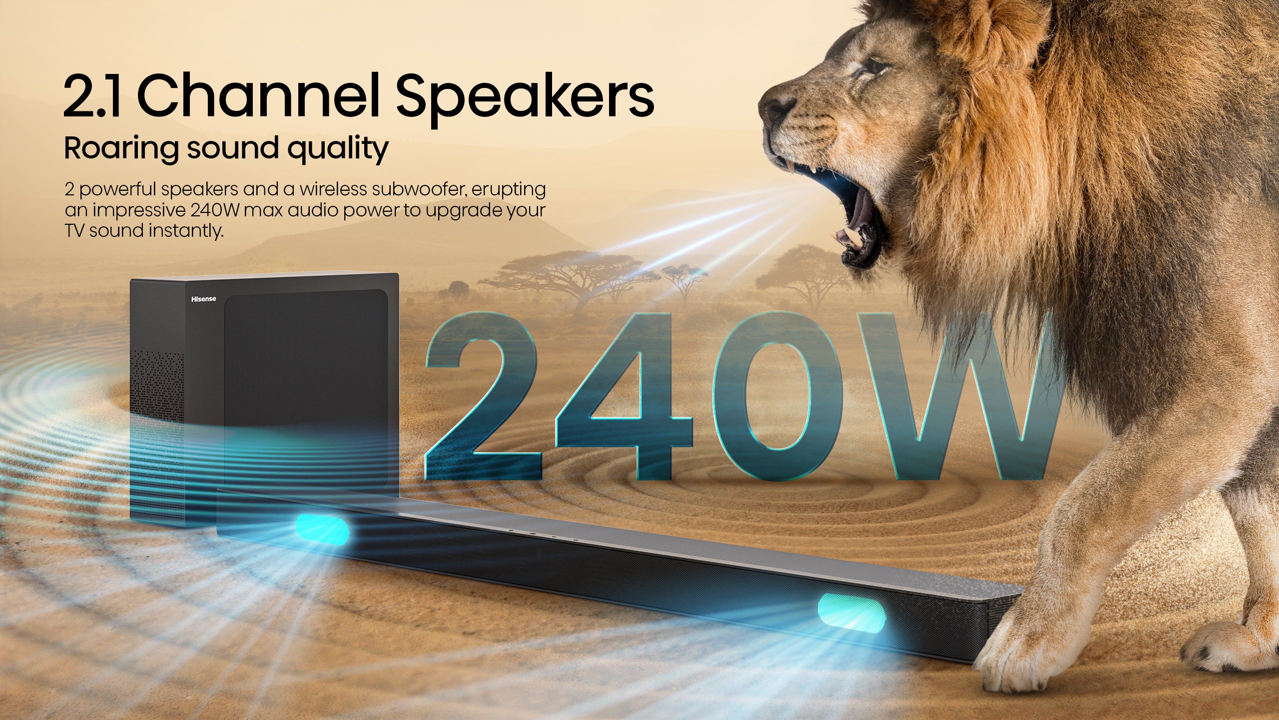 2.1 Ch 240W Sound Bar with Wireless Subwoofer - DTS Virtual X, Dolby Audio, Ezplay, Tv mode,6 EQ Modes, HDMI ARC, Bluetooth 5.3 HS2100 Black