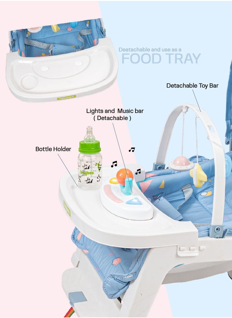 Baybee 5 in 1 Baby Rocking Chair for Kids with Hanging Toys  Baby Dining Booster Seat with Multi Position Recline, Music, Wheels & Food Tray Rocker Chair for Babies 0 to 4 Years Boy Girl Blue