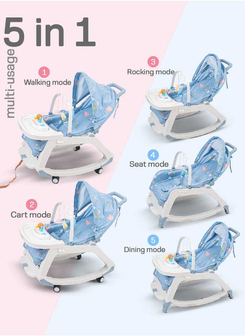 Baybee 5 in 1 Baby Rocking Chair for Kids with Hanging Toys  Baby Dining Booster Seat with Multi Position Recline, Music, Wheels & Food Tray Rocker Chair for Babies 0 to 4 Years Boy Girl Blue