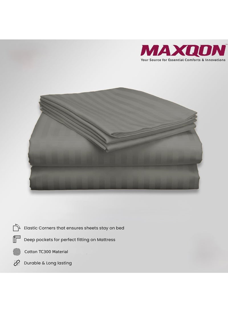 Cotton tc300 Fitted Bed Sheets +  Pillow Covers, King/Queen/Double/Single Sizes, Color Striped Grey