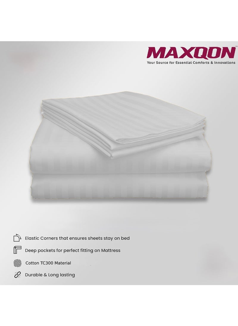 Cotton tc300 Fitted Bed Sheets +  Pillow Covers, King/Queen/Double/Single Sizes, Color Striped White