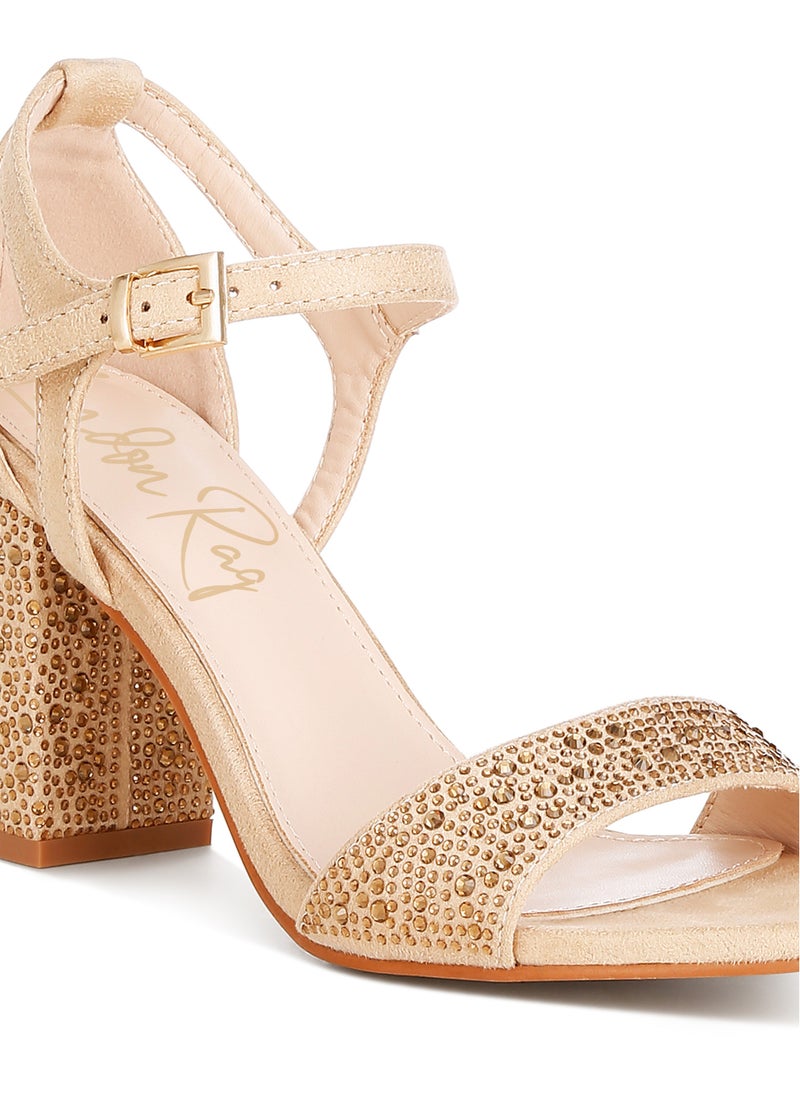 Rhinestones Embellished Sandals in Beige