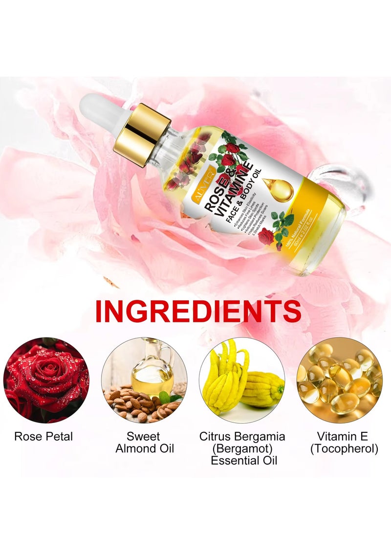 60ml Rose & Vitamin E Face & Body Oil 100% Natural Organic Rose Face Body Oil Reduce Fine Lines Lighten Skin Spots Antioxidant Reduce Scars & Stretch Marks Nourish Skin & Anti Aging