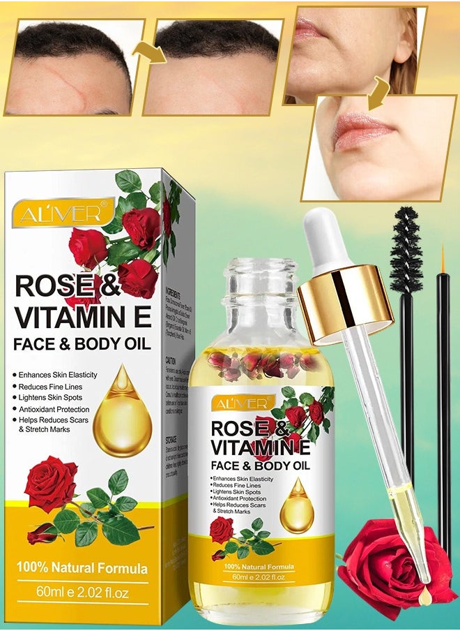 60ml Rose & Vitamin E Face & Body Oil 100% Natural Organic Rose Face Body Oil Reduce Fine Lines Lighten Skin Spots Antioxidant Reduce Scars & Stretch Marks Nourish Skin & Anti Aging