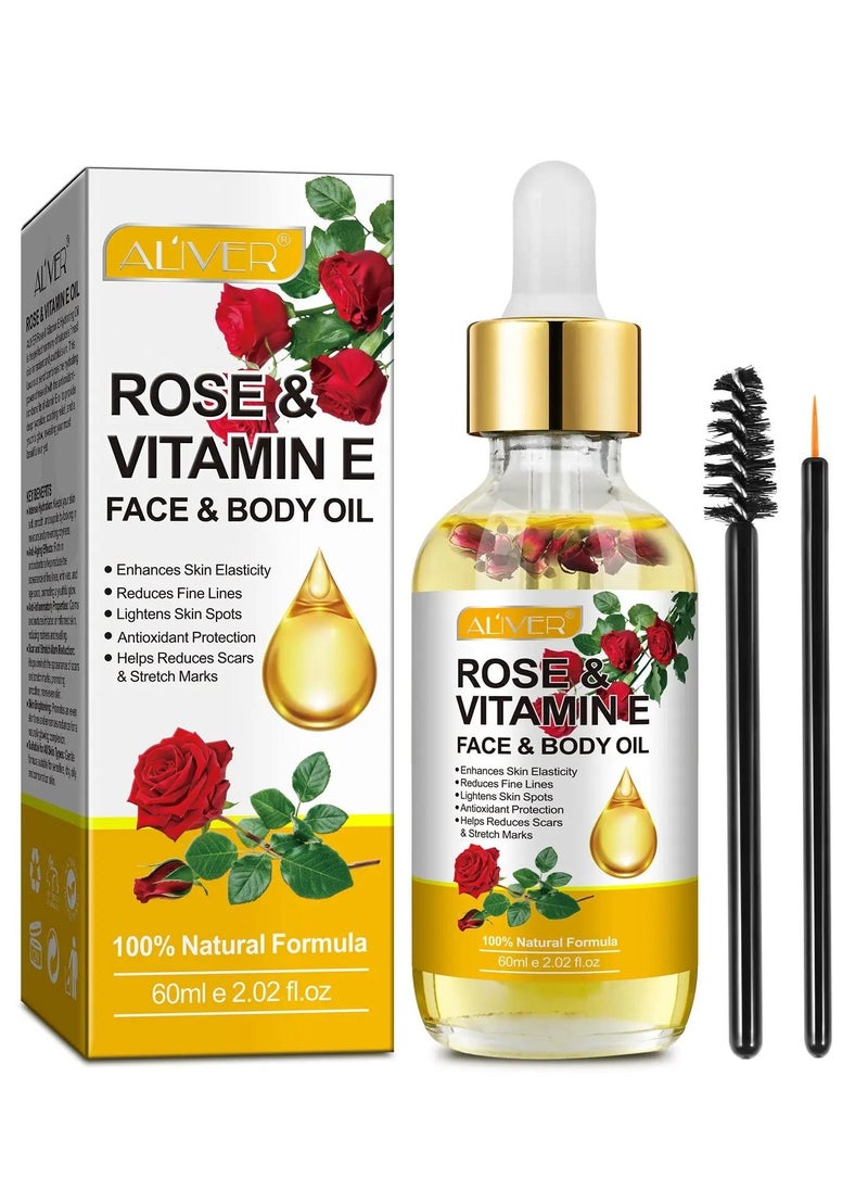 60ml Rose & Vitamin E Face & Body Oil 100% Natural Organic Rose Face Body Oil Reduce Fine Lines Lighten Skin Spots Antioxidant Reduce Scars & Stretch Marks Nourish Skin & Anti Aging