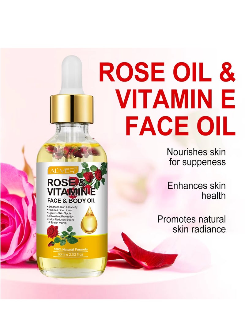 60ml Rose & Vitamin E Face & Body Oil 100% Natural Organic Rose Face Body Oil Reduce Fine Lines Lighten Skin Spots Antioxidant Reduce Scars & Stretch Marks Nourish Skin & Anti Aging