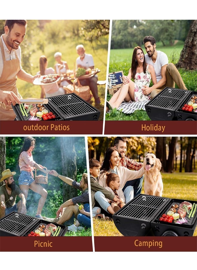 Portable Charcoal Grill With Cover And Chimney，Double Sided Barbecue，Tabletop BBQ Grill For Outdoor Camping Backyard Party Cooking (Metal : Black)