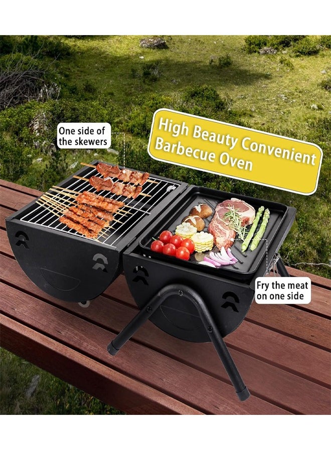 Portable Charcoal Grill With Cover And Chimney，Double Sided Barbecue，Tabletop BBQ Grill For Outdoor Camping Backyard Party Cooking (Metal : Black)