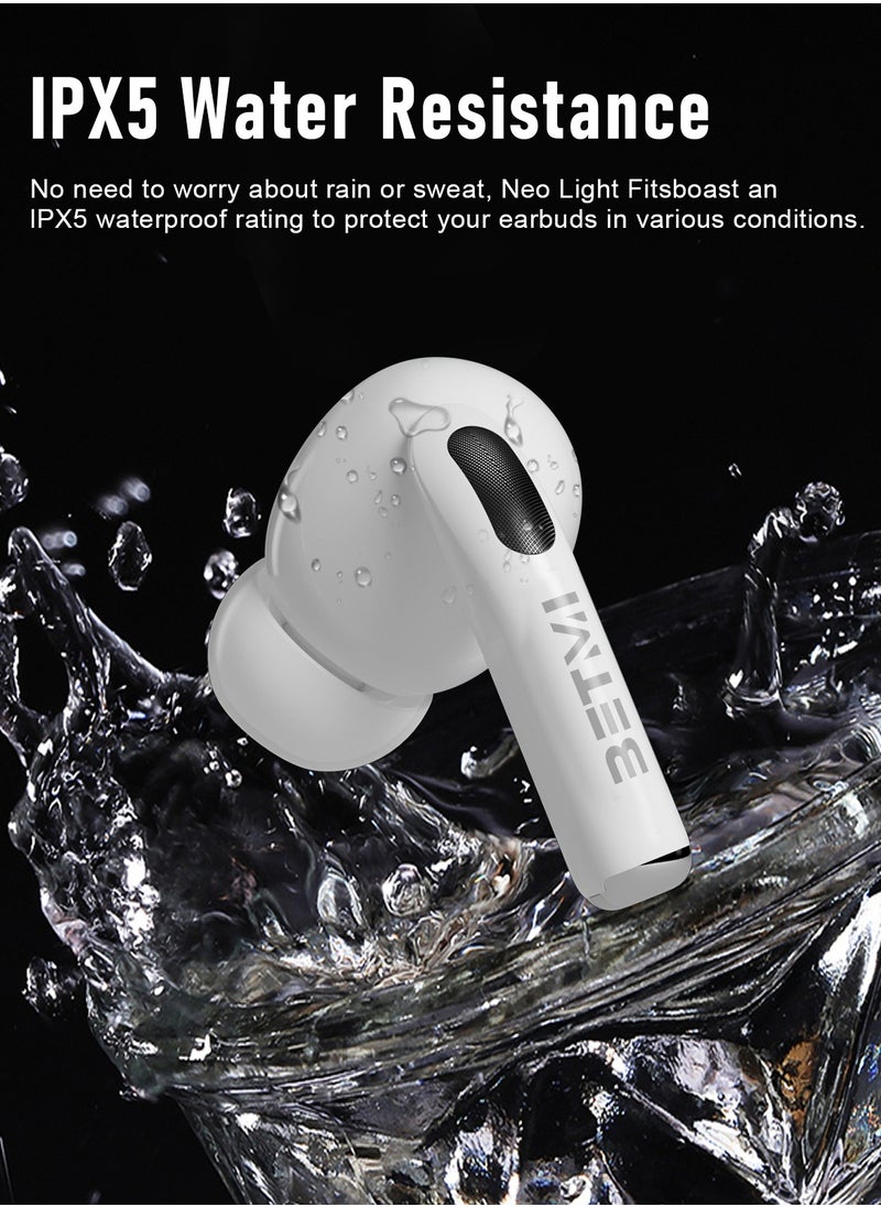 BETMI - True Wireless Earbuds - Fully In-Ear Bluetooth5.4 Headphones, IPX5 Waterproof TWS With Dual Mic For Sport, Light-Weight Earphones Playtime 40+Hours with Charging Case For Android iOS/iPhone - White