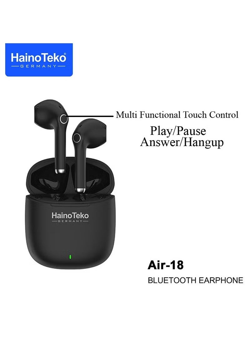 Haino Teko Air 18 True Wireless Earphone With Super Clear Microphone Multi Functional Touch Control Designed For Android Mobiles and Tablets Black