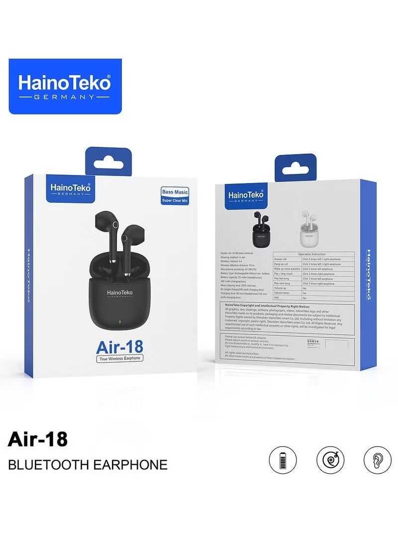 Haino Teko Air 18 True Wireless Earphone With Super Clear Microphone Multi Functional Touch Control Designed For Android Mobiles and Tablets Black