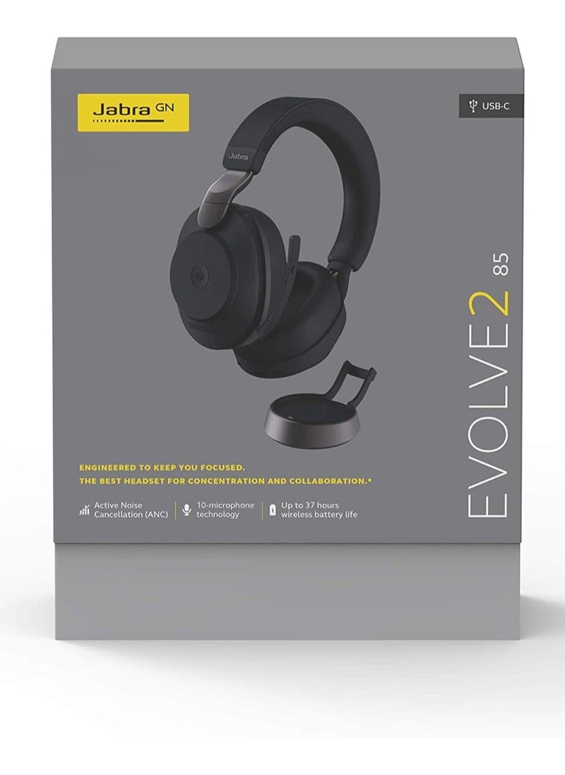 Jabra Evolve2 85 Wireless PC Headset (Top Rated Office Headphone & Mic) Advanced Noise-Cancelling Stereo Headphones with Long Battery Life, UC Certified, and Bluetooth USB-A Adapter
