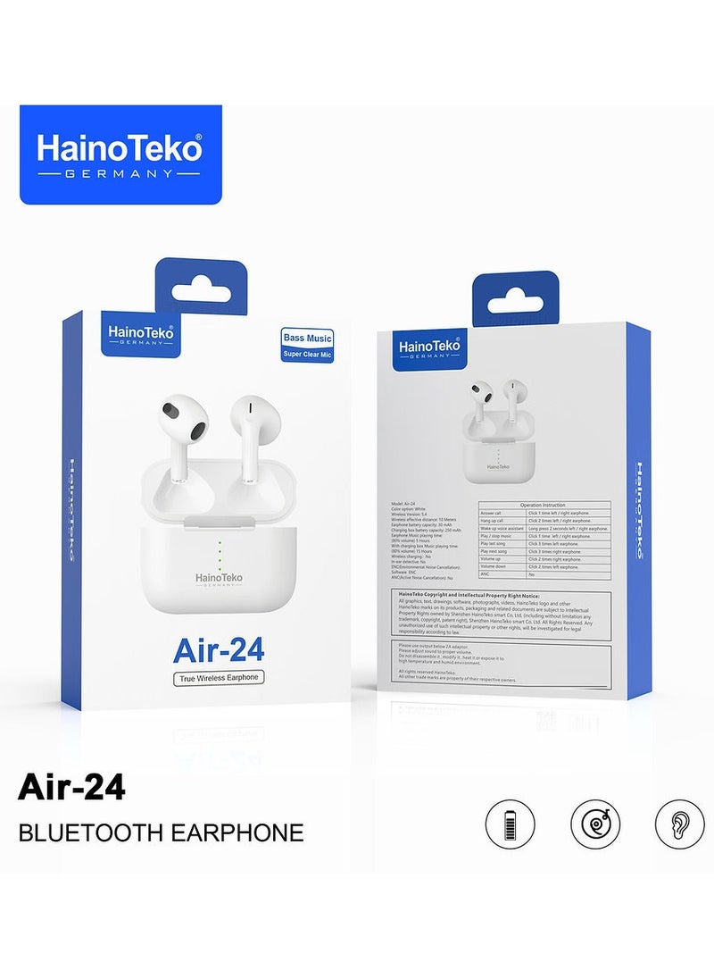 Haino Teko Air 24 True Wireless Bluetooth Earphones With Superior Sound Quality Super Clear Mic and Touch Controls Combatible With iPhones and iPads