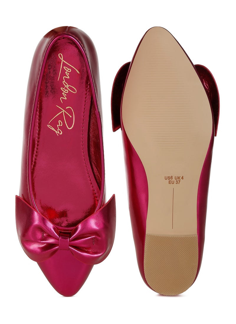 Metallic Pleather Bow Ballerinas in Fuchsia