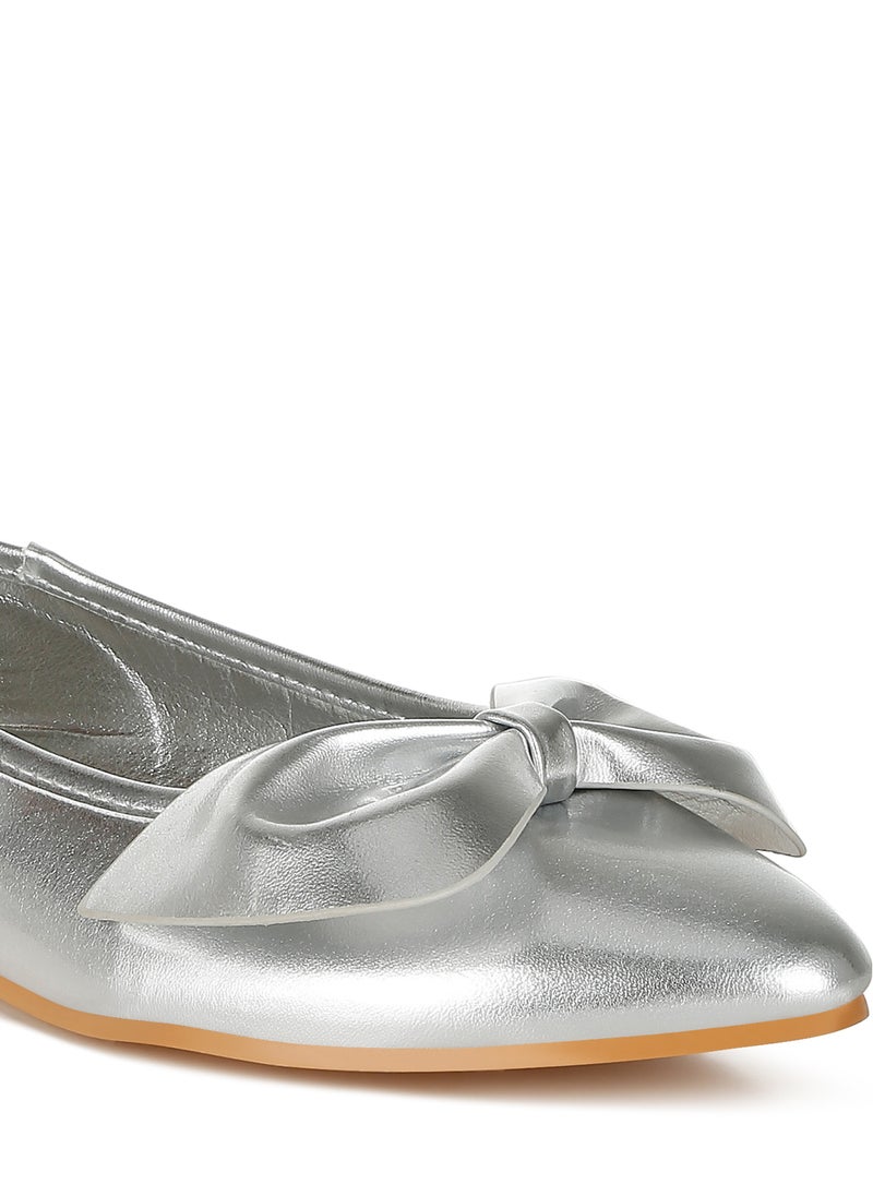 Metallic Pleather Bow Ballerinas in Silver