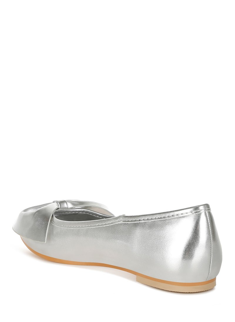 Metallic Pleather Bow Ballerinas in Silver