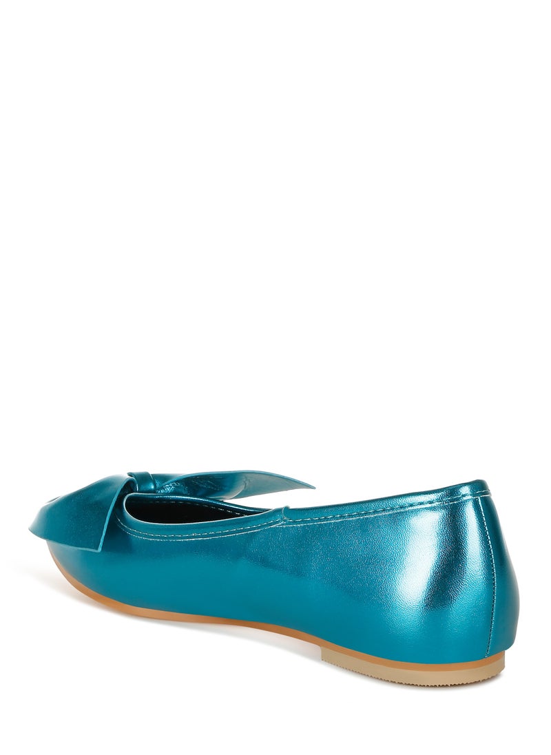 Metallic Pleather Bow Ballerinas in Blue