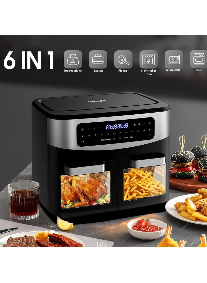 12L Dual Zone Air Fryer, 2600W with 10 Programs, Transparent Window, Oil-Free Cooking