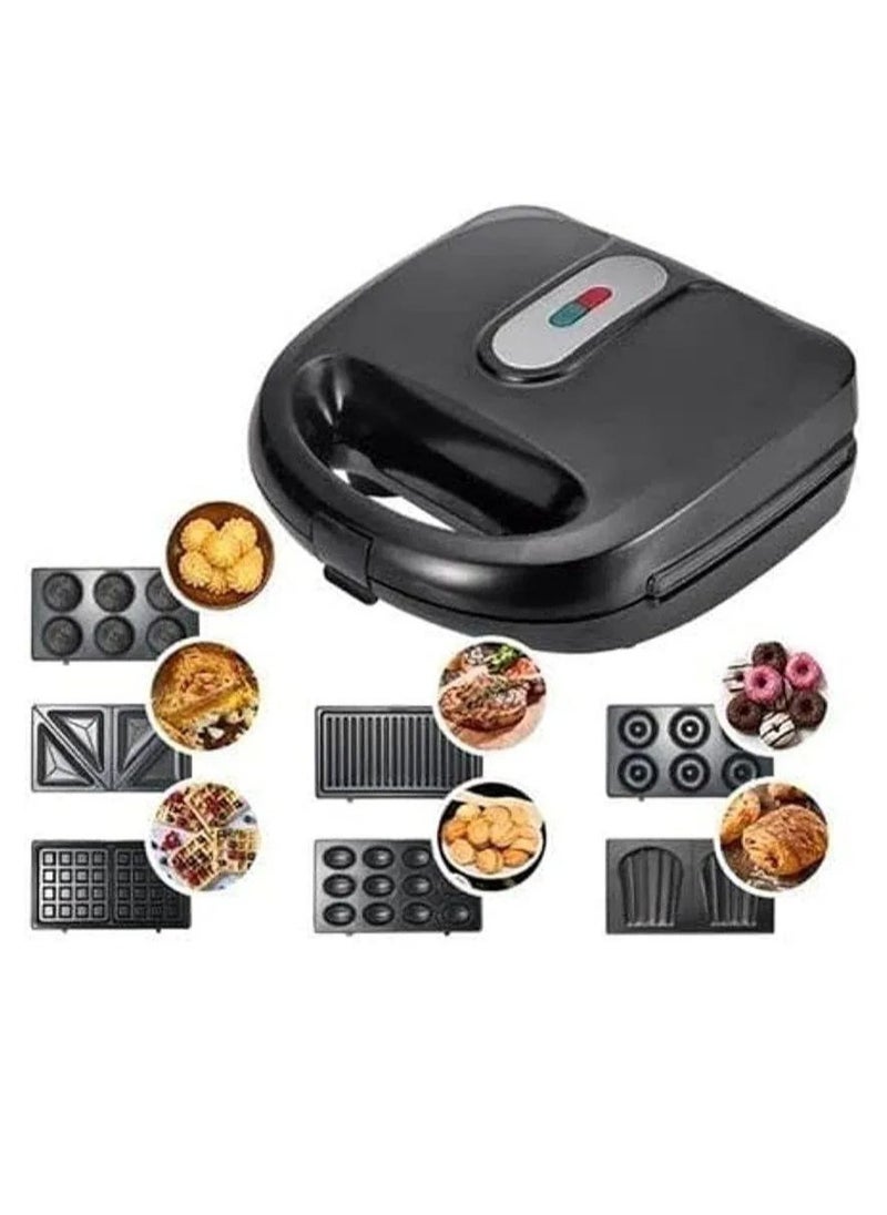 750W Sandwich Maker, Waffle Maker Set with 6 Removable Non-Stick Plates, Portable Handle, LED Indicator Lights, for Breakfast Sandwiches Mini Waffles Bacon and Steak, Black (6 IN 1)