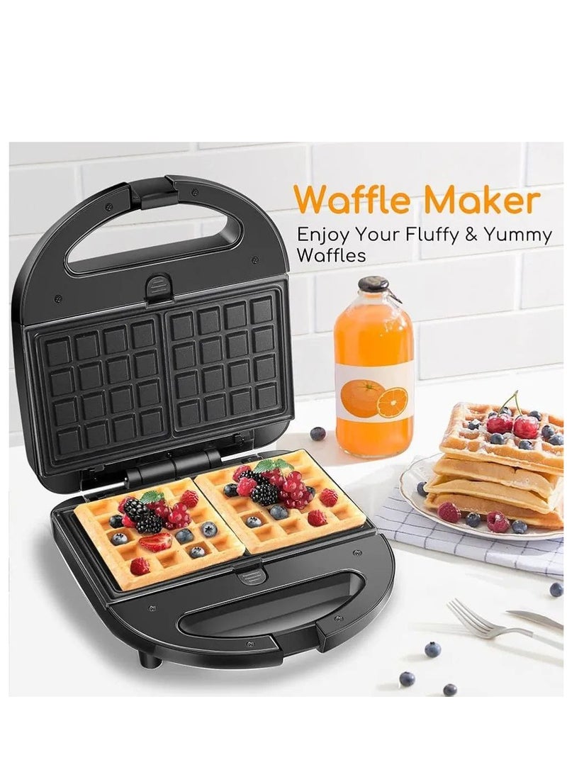 750W Sandwich Maker, Waffle Maker Set with 6 Removable Non-Stick Plates, Portable Handle, LED Indicator Lights, for Breakfast Sandwiches Mini Waffles Bacon and Steak, Black (6 IN 1)