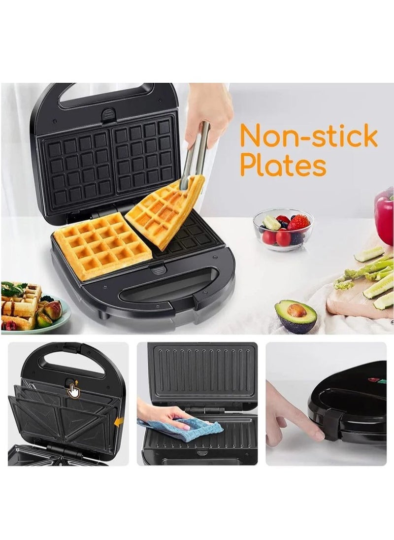 750W Sandwich Maker, Waffle Maker Set with 6 Removable Non-Stick Plates, Portable Handle, LED Indicator Lights, for Breakfast Sandwiches Mini Waffles Bacon and Steak, Black (6 IN 1)