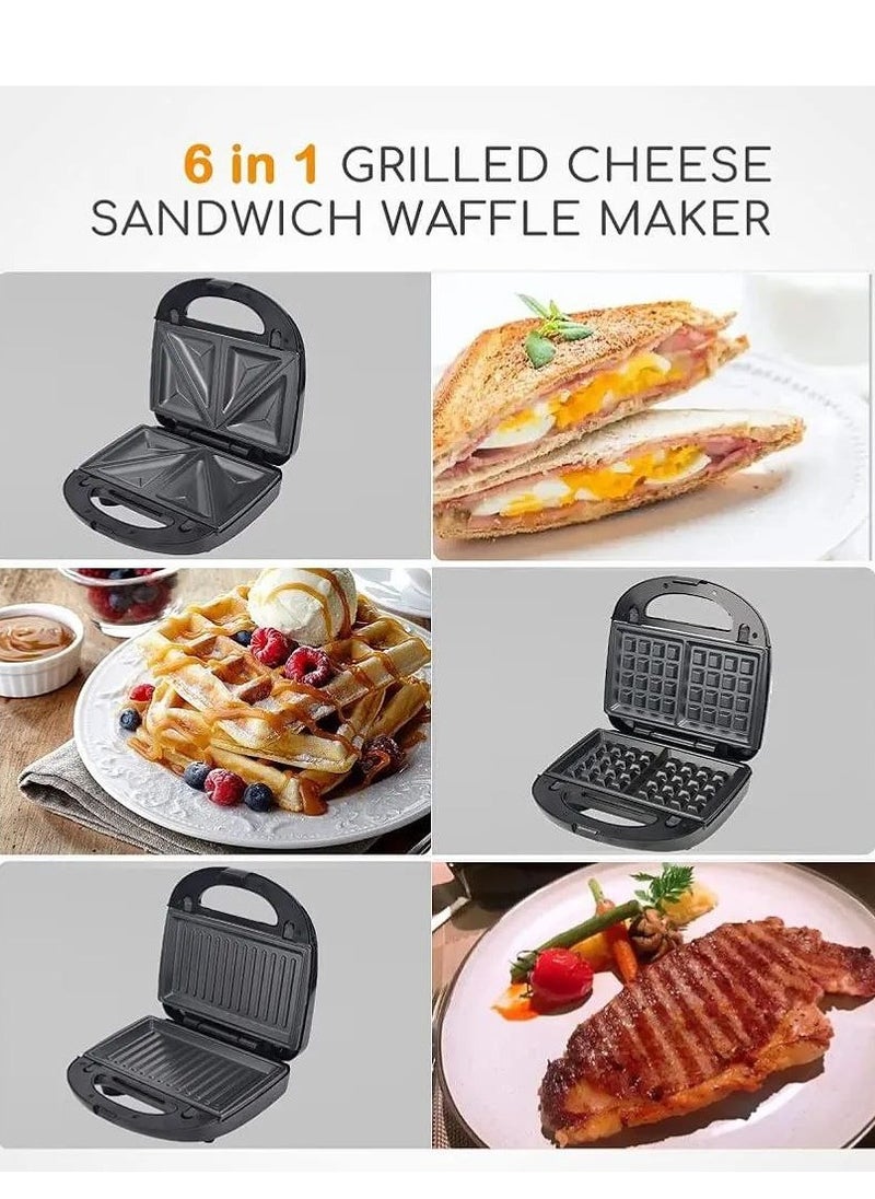 750W Sandwich Maker, Waffle Maker Set with 6 Removable Non-Stick Plates, Portable Handle, LED Indicator Lights, for Breakfast Sandwiches Mini Waffles Bacon and Steak, Black (6 IN 1)