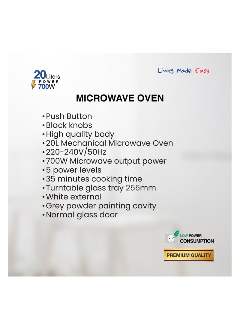 STAR TRACK 20L Mechanical Microwave Oven, 700W, 5 Power Levels, Push Button, Turntable Tray, Grey Cavity, BS Plug, ST-MW700-MW20