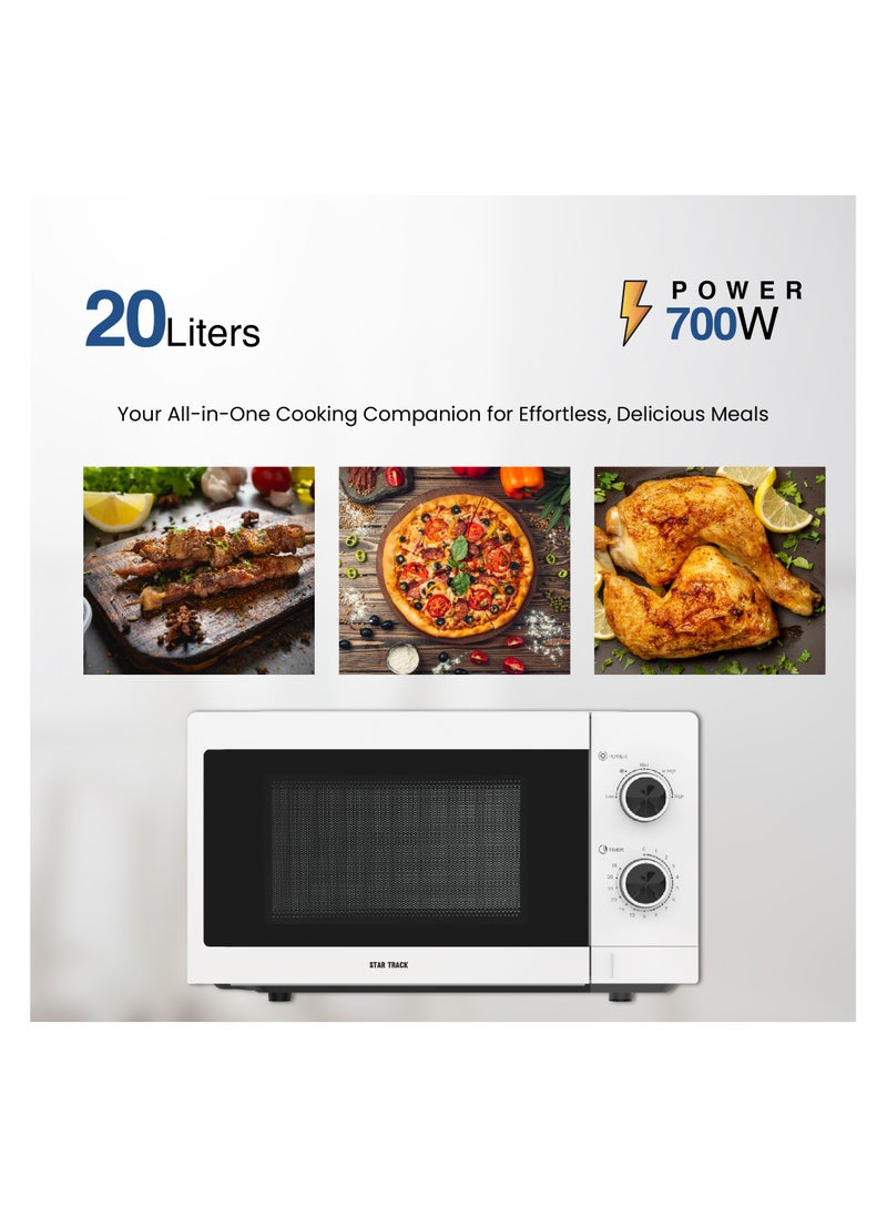 STAR TRACK 20L Mechanical Microwave Oven, 700W, 5 Power Levels, Push Button, Turntable Tray, Grey Cavity, BS Plug, ST-MW700-MW20