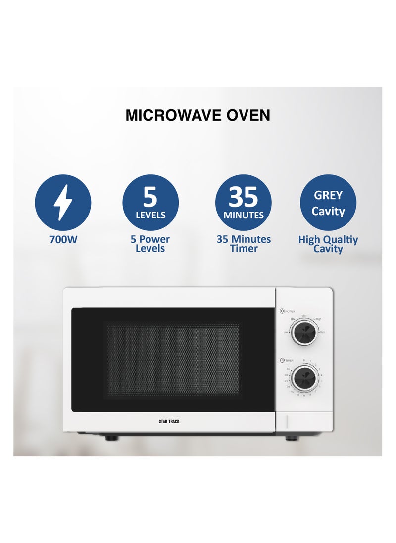 STAR TRACK 20L Mechanical Microwave Oven, 700W, 5 Power Levels, Push Button, Turntable Tray, Grey Cavity, BS Plug, ST-MW700-MW20