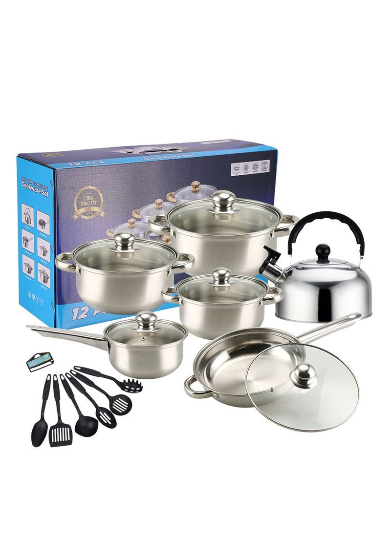 18 Piece Cookware Set - Stainless Steel Pots, Pans, Kitchen Utensils Set - High Quality - For Cooking - Frying Pan, Casserole With Lid, Saucepan With Lid, Kitchen Tools, Steamer - Silver